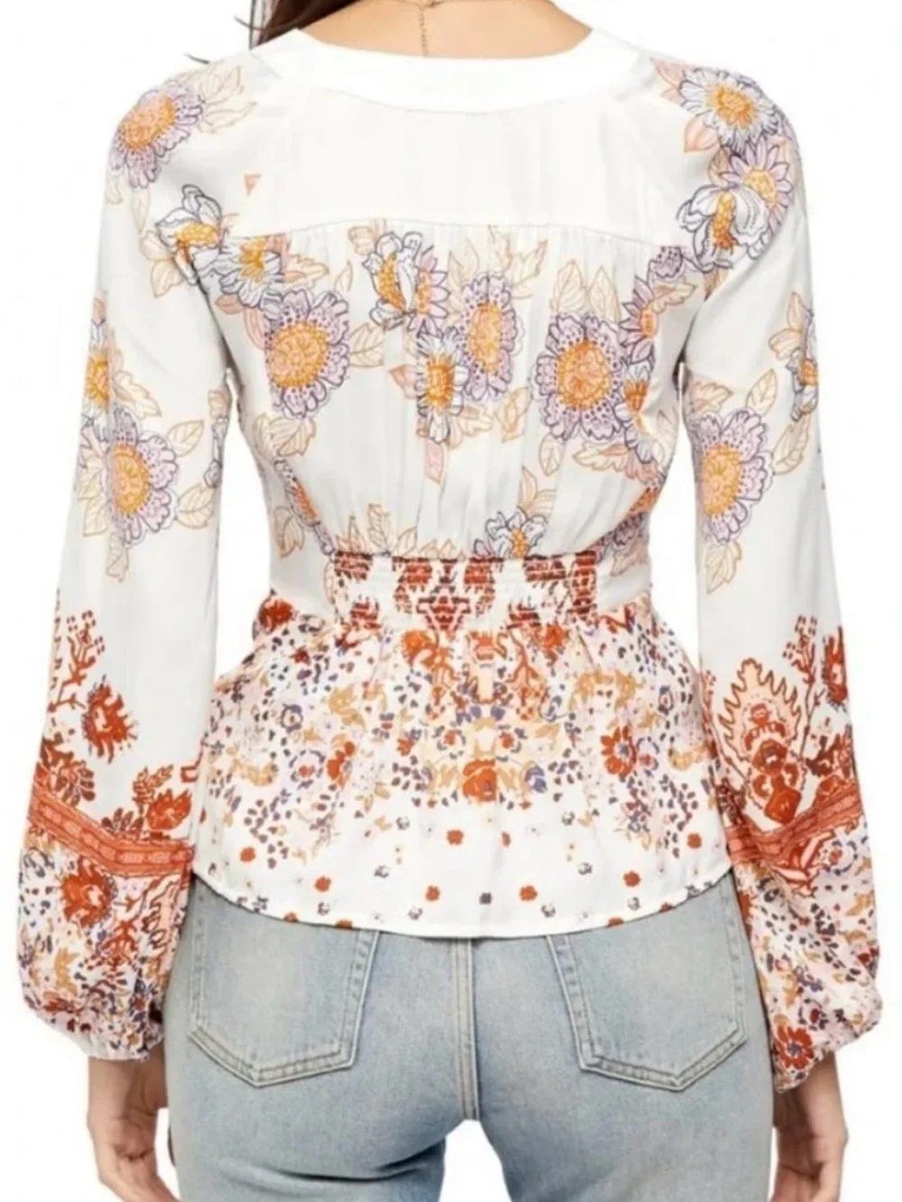 Free People Boho “Run Free” Floral Blouse - White with Orange & Lavender Size S
